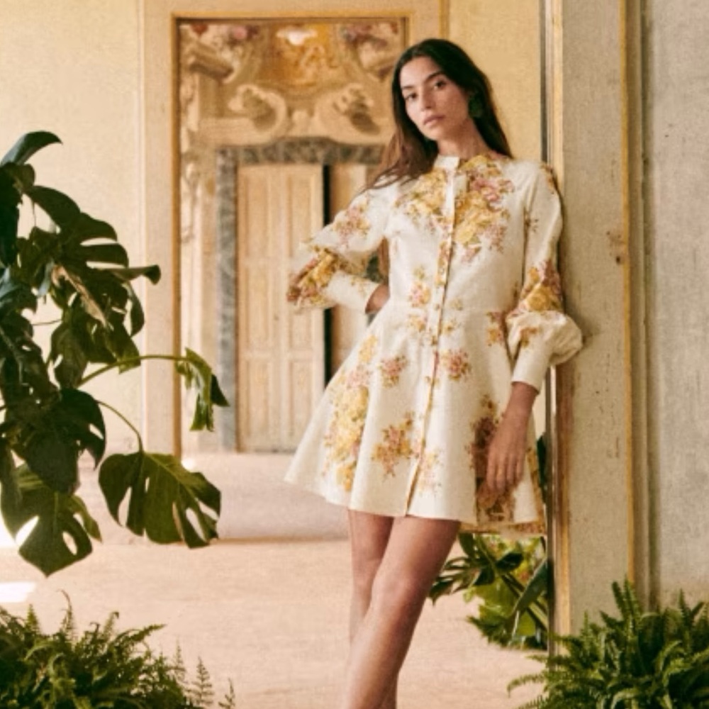 SEZANE Cream & Yellow Floral Printed Linen Long Sleeve Button Down Caprice Dress